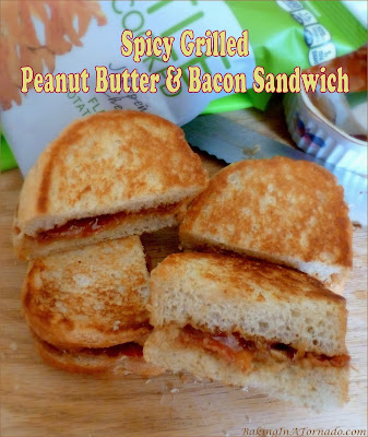 Spicy Grilled Peanut Butter and Bacon Sandwich, creamy, sweet, salty, and spicy! | recipe developed by www.BakingInATornado.com | #recipe #lunch