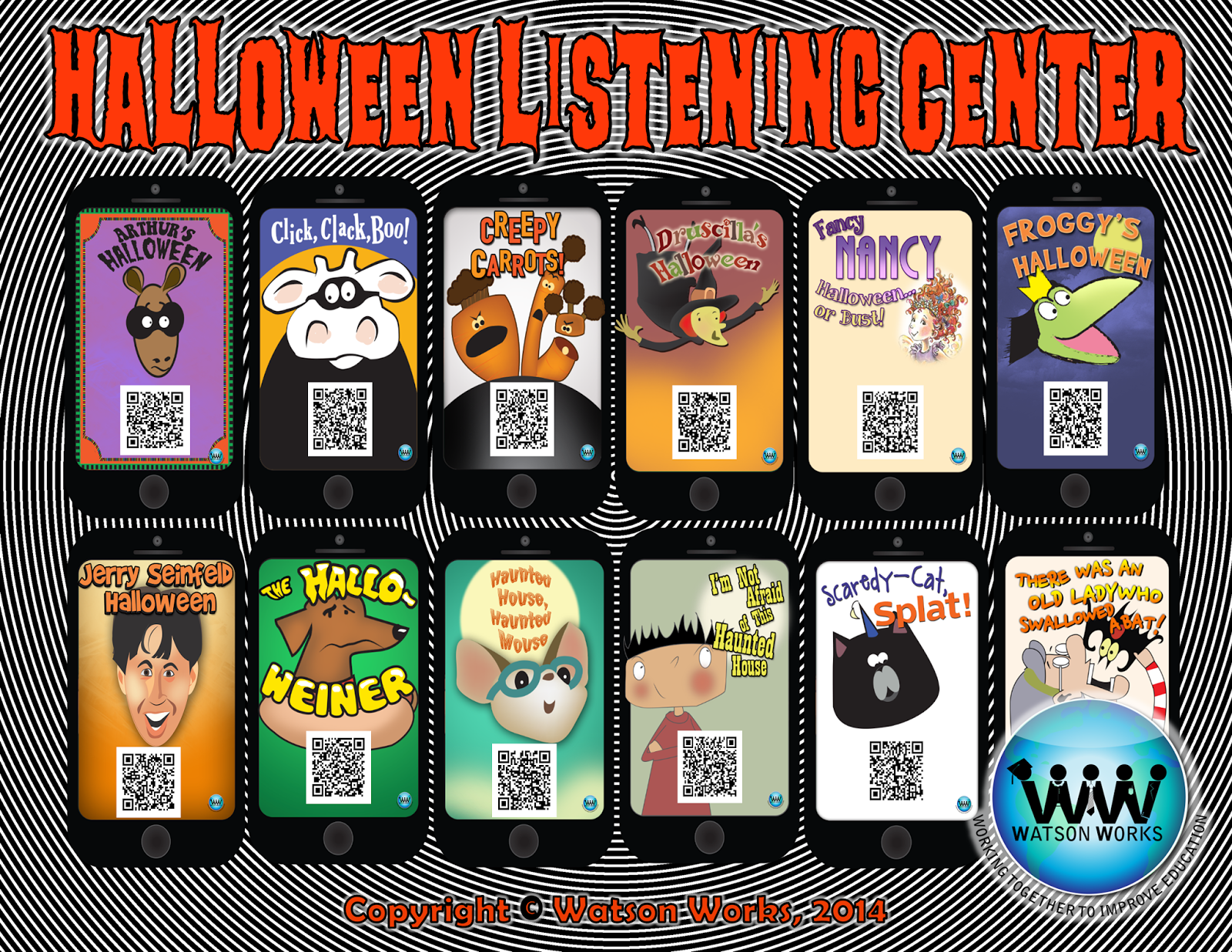 http://www.teacherspayteachers.com/Product/Halloween-Listening-Centers-w-QR-Codes-Hyperlinks-12-Stories-Included-1479338