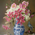Summer Bouquet in Cantonware Vase with Seashells, Nest, Bird Figurine,
lilies, hollyhocks, hydrangeas still life floral