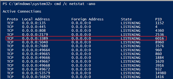 Buscar puerto utilizado por RDP