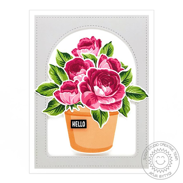Sunny Studio Stamps: Potted Rose Everything's Rosy Frilly Frame Dies Stitched Arch Dies Friendship Card by Anja Bytyqi