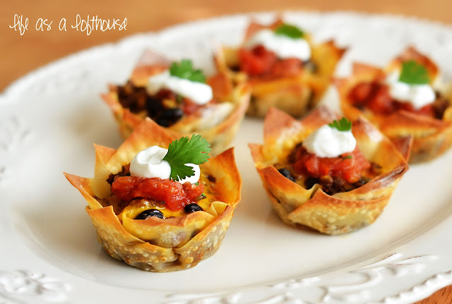 Taco Cupcakes are Wonton wrappers filled with ground beef, beans, cheese and salsa. Life-in-the-Lofthouse.com