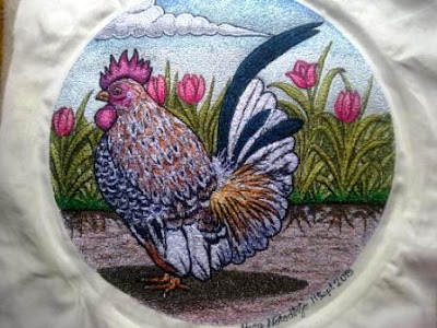 lukisan bordir tema ayam kate dan bunga tulip