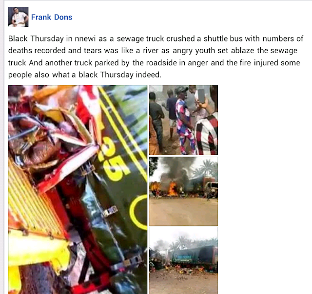 Graphic Photos/Video: Sewage truck crushes three school children, five others to death in Nnewi. Irate mob set vehicles ablaze