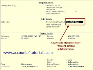 mode of payment in tally invoice