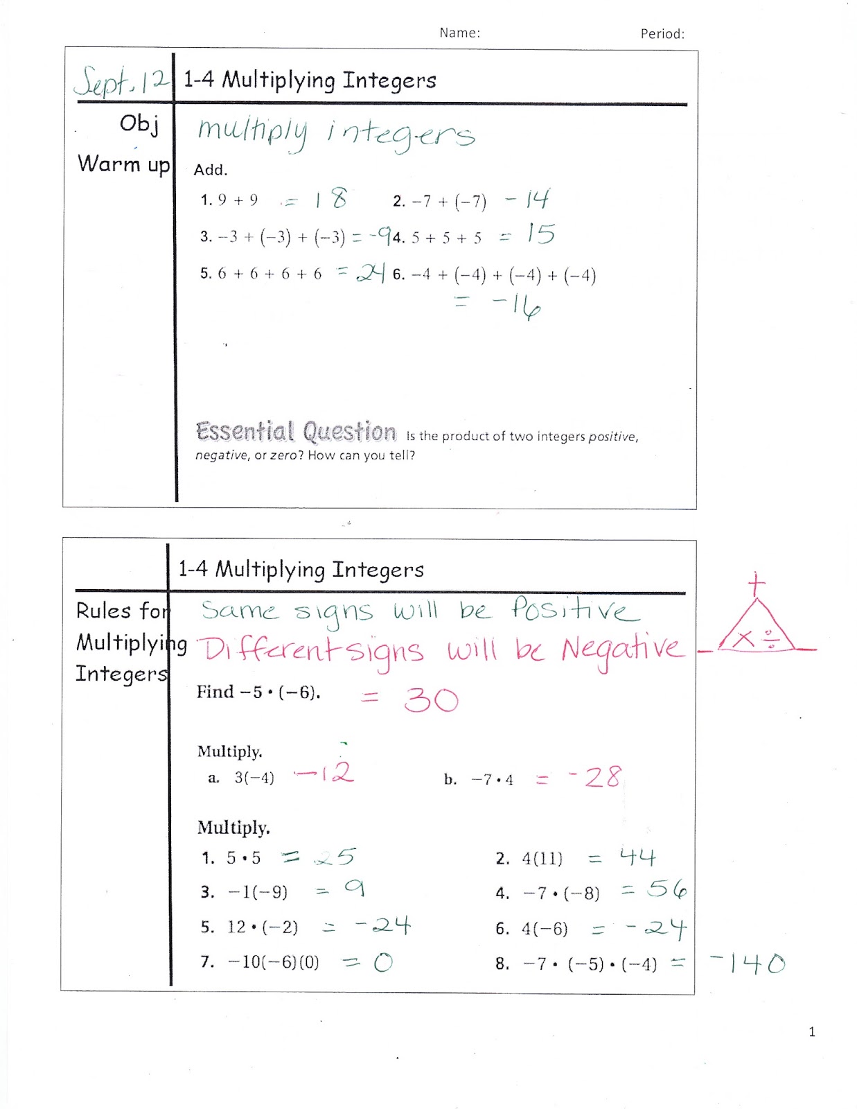 Ms. Jean's Classroom Blog: 1-4 Multiplying Integers