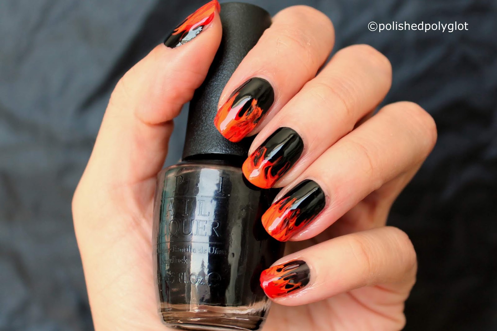 Nail Art │Black, Red And Orange Fire Flames Manicure / Polished Polyglot