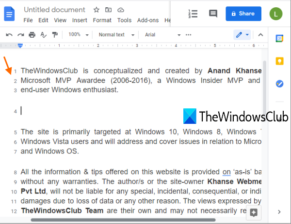 mostrar números de línea Google Docs