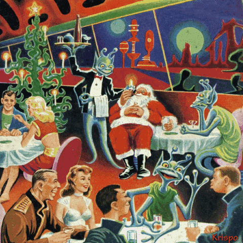 GIF de una cena de Navidad en Marte con Papa Noel