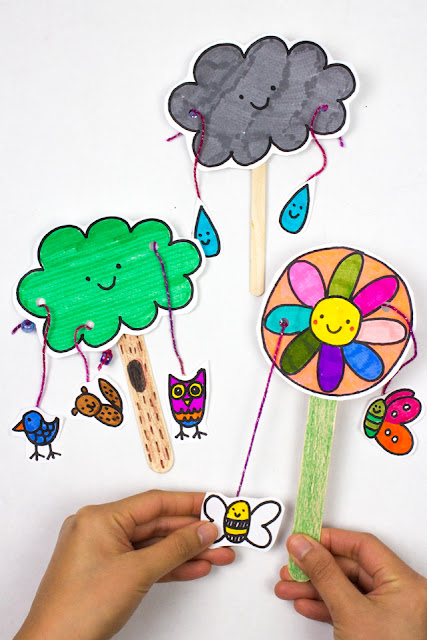 How to make adorable spring Paper pull crafts with kids- Cute rain cloud, flower, and tree doodle printables included