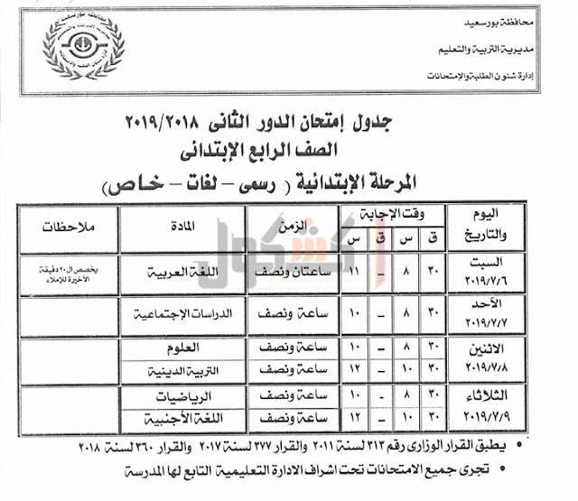 جداول امتحانات الدور الثاني 2019 محافظة بورسعيد 253