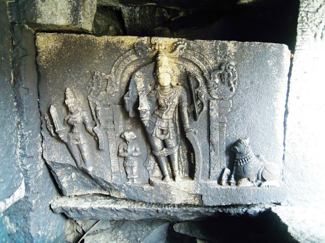 Rock-cut image of Durga on the banks of the Tungabhadra river, Hampi.