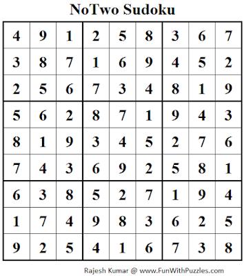 NoTwo Sudoku (Daily Sudoku League #113) Solution