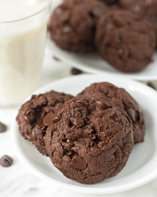 Double chocolate cookies on a white plate