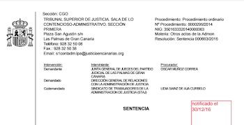 SENTENCIA GANADA POR STAJ CANARIAS A LA JUNTA DE JUECES LAS PALMAS - PARKING CIUDAD DE LA JUSTICIA