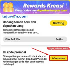 Cara memasukkan isi kode promosi iklan snack video terbaru