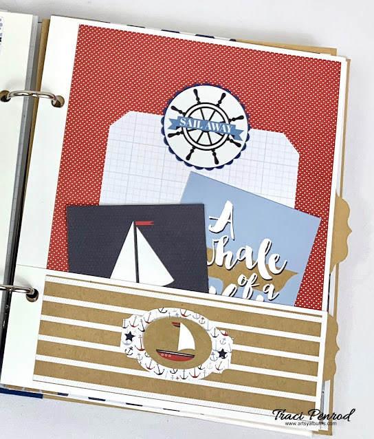 By the Sea Nautical Scrapbook Album page with boats, a pocket & journaling cards
