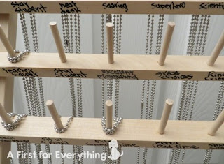 Store brag tags on a thread spool organizer