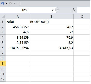 hasil pembulatan dengan fungsi roundup