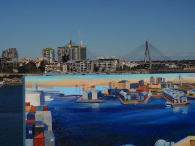 Plein air oil painting of Sydney harbour from the bridge of a cargo ship docked at the East Darling Harbour Wharves, now Barangaroo, painted by marine artist Jane Bennett