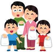 買い物袋を持つ家族のイラスト(ビニール袋)