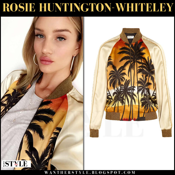 Rosie Huntington-Whiteley in palm print satin bomber jacket ~ I want