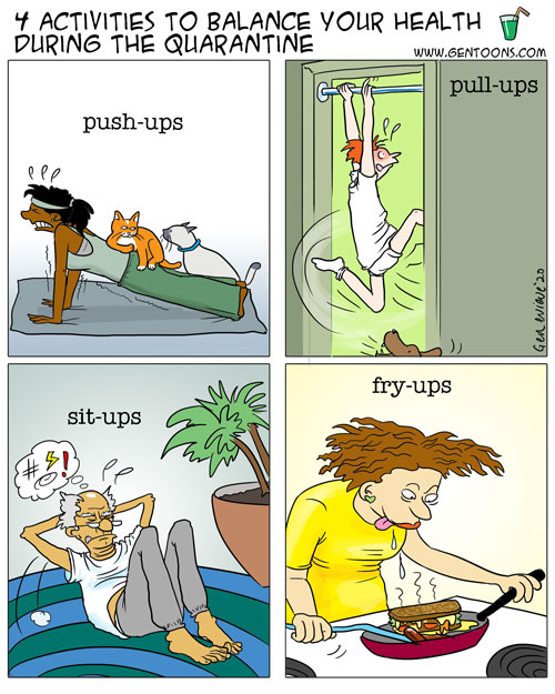 four images. first: Woman doing pushups, cats supervising her, she's swearting. labeled Push-ups.  Second: skinny guy in his tighty-whities trying to do a chin-up while his dog barks at him. Label: Pull-ups.  Third: older bald guy in grey sweats doing situps and cussing and sweating Label: Sit-ups.  fourth: woman grinning manically at the stove, flipping something greasy in a frying pan which also has a grilled cheese sandwich. she's drooling. Label: Fry-ups
