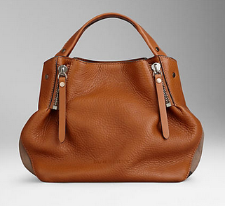 Burberry Small Check Detail Leather Tote Bag-Saddle Brown