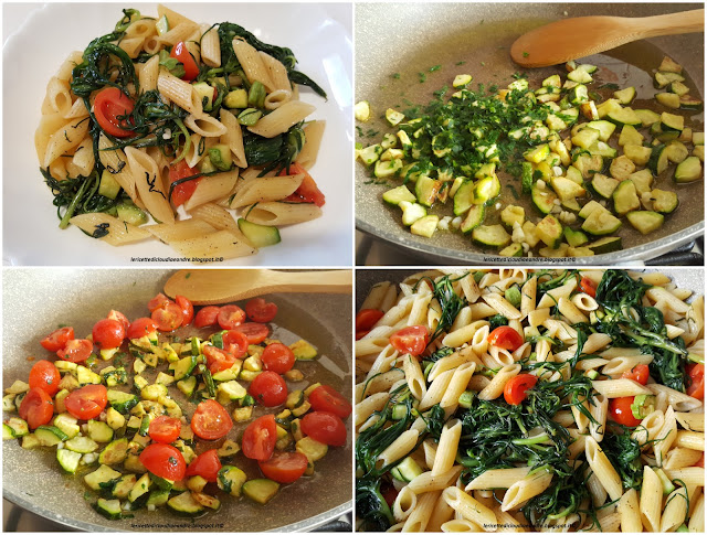 Pasta con agretti, zucchine, pomodorini
