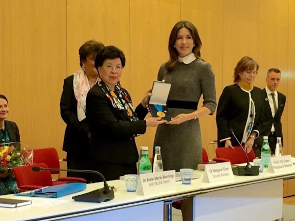 Crown Princess Mary received the WHO Award 2017 from WHO Director-General, Dr. Margaret Chan. Princess wore Prada dress