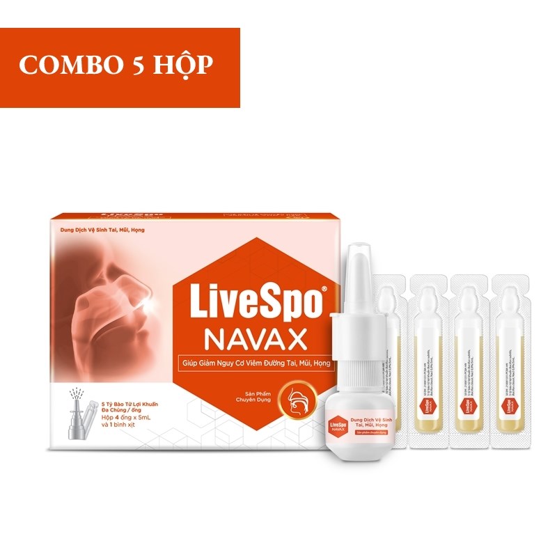 LiveSpo Navax Combo 5 hộp Dung dịch vệ sinh tai, mũi, họng – Sản phẩm chuyên dụng Hộp 4 ống + 1 bình xịt