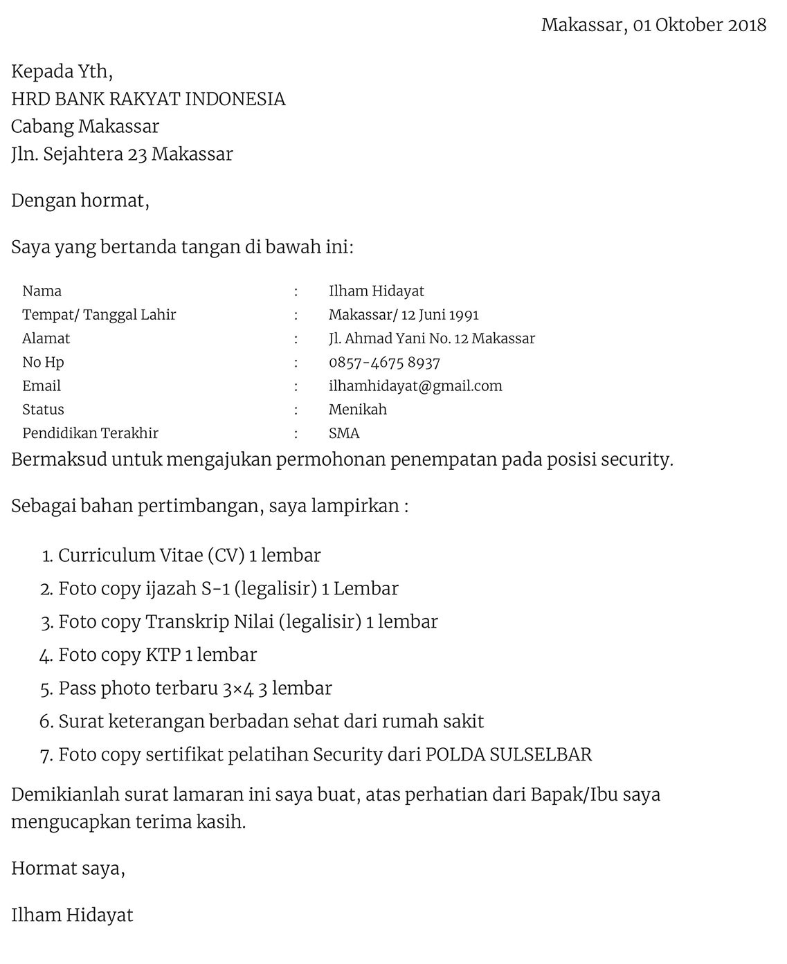 Contoh Surat Lamaran Kerja Lowongan Kerja Kalimantan Tengah