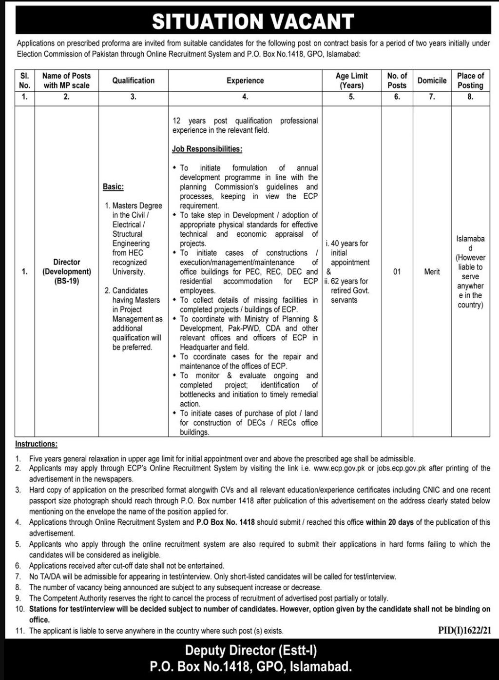 Government Jobs in Election Commission of Pakistan (ESTT-1) PO Box 1418 GPO in September 2021