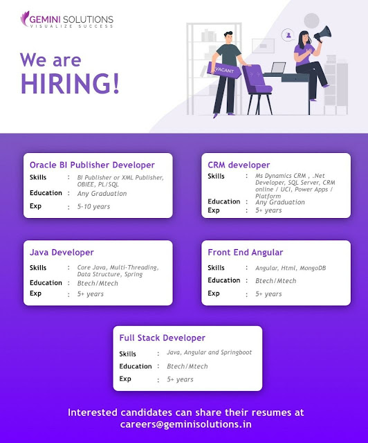 Gemini Solutions - Hiring Oracle, CRM, Java, Full Stack Front End