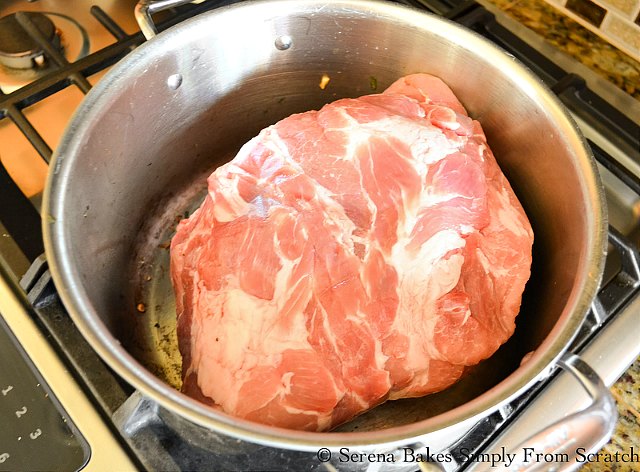 Brown Pork Shoulder for Balsamic Pork Pot Roast from Serena Bakes Simply From Scratch.