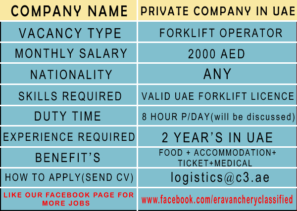 Forklift Operator Jobs In Uae Eravanchery Classified Leading Jobsite In Gulf