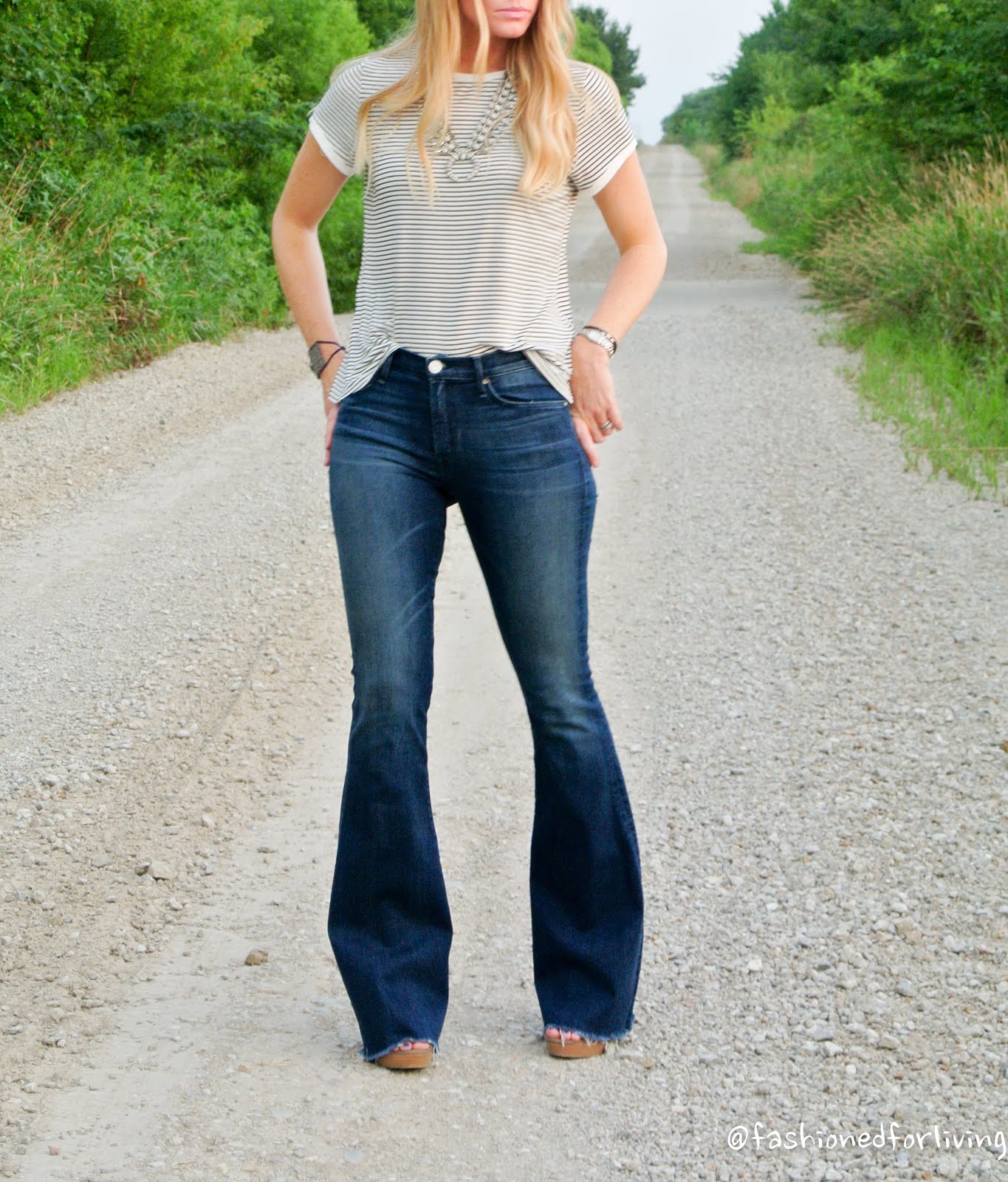 Fashioned For Living: flare jeans and tee outfit with squash blossom ...
