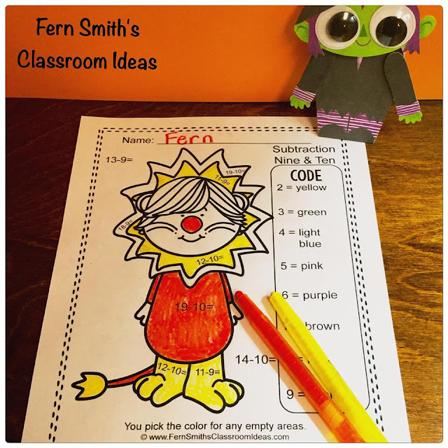Fern Smith's Classroom Ideas Color By Numbers Halloween Costumed Kids Addition and Subtraction Bundle at TpT.