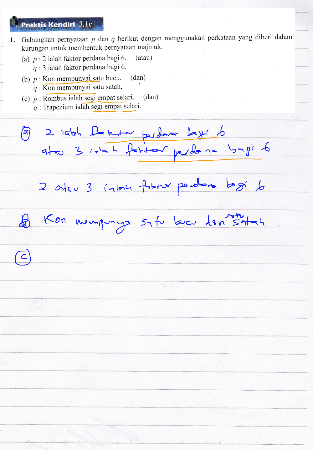 Praktis Kendiri 3.1c Bab 3 Penaakulan Logik Matematik Tingkatan 4