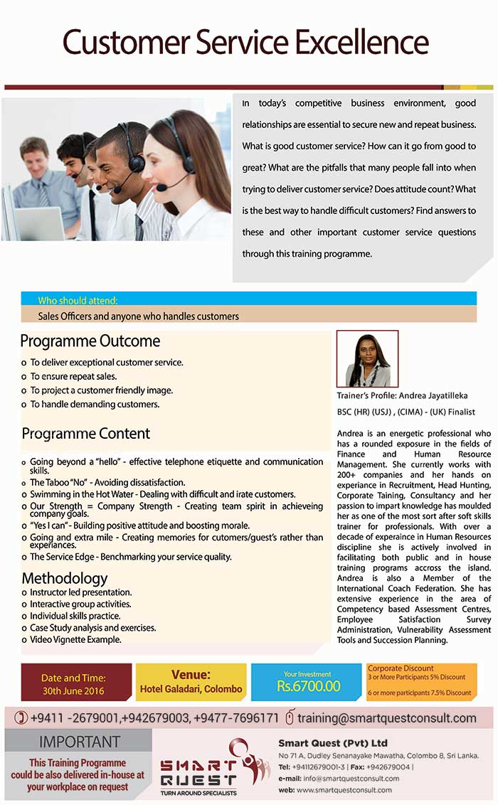 mart Quest commenced operations as a sole trader business in 2006, subsequent to our incorporation in 2007 we have transformed our business immensely and we now operate as Smart Quest Pvt Ltd, a preferred service provider in Coaching, Consultancy, Training, Recruitment, Headhunting & HR Outsourcing services to many leading Sri Lankan Businesses and Multinationals. Our Consultants bring with them a diverse range of skills and have worked closely with our clients by providing customer focused services to 200+ public and private enterprises.  We continuously strive for turning around People, Business Processes and Policies to achieve sustainable outcomes. Smart Quest is a young organisation with an innovative and creative team that has evolved with an aspiration of providing individuals and organisations a one stop solution to Turn Around sustainable results. Smart Quest is promoted by professionals having rich experience and passion in HumanDevelopment. The knowledge, talent pool, expertise and goodwill of Smart Quest are unrivalled. We follow best practices in designing customer solutions. Our flexible approach and engagement allows clients to choose the best model that suit their specific requirement.  Smart Quest as a high spirited organisation is beholden to our clients, our consultants and our staff. Our Philosophy of improving the quality of human lives and optimizing work performance has proven to be of paramount importance for our success