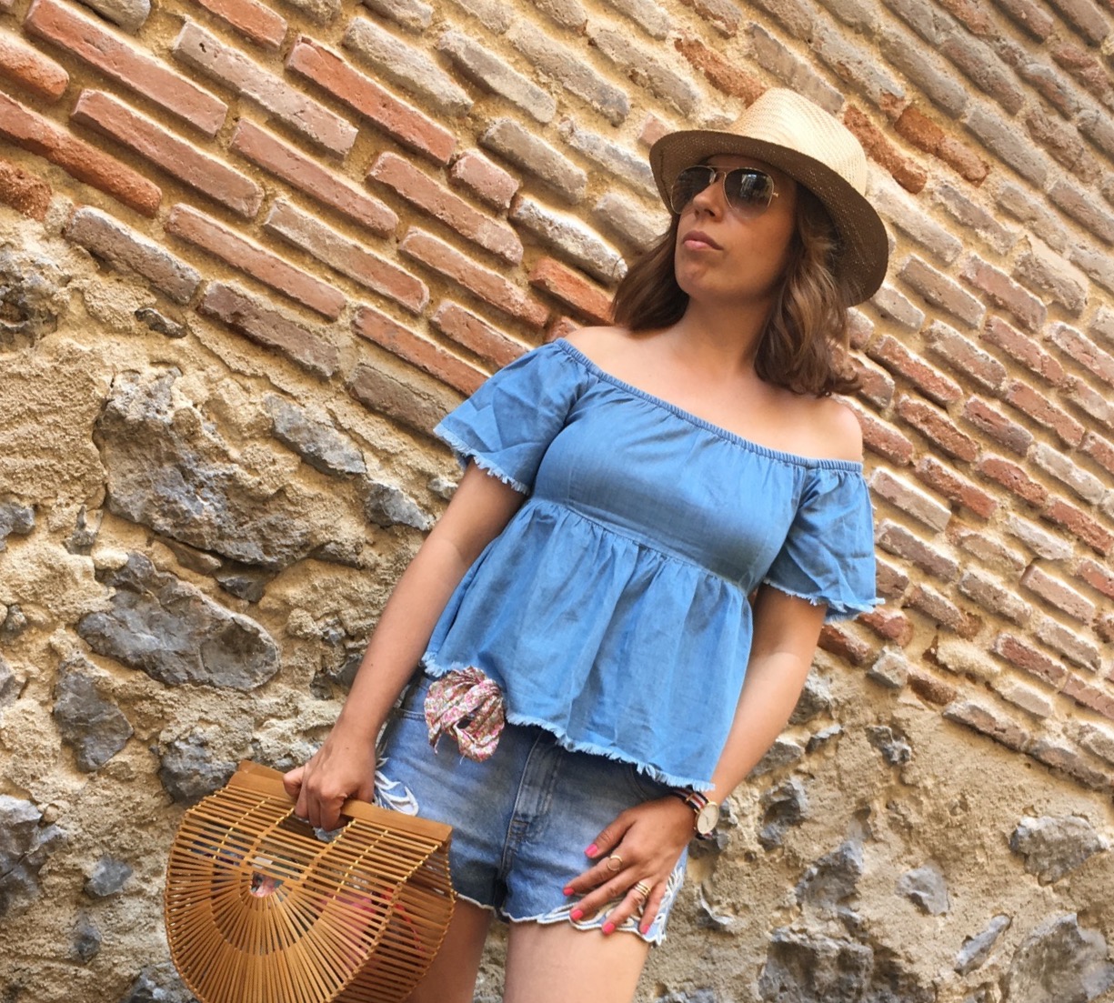 Denim Beach Bag w/ Straw Hat