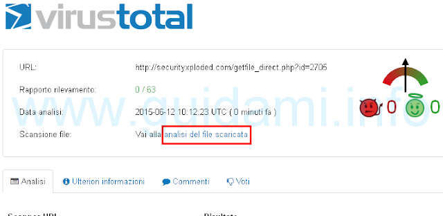 VirusTotal analisi del file scaricato