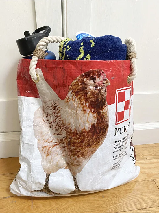 chicken tote filled with beach supplies