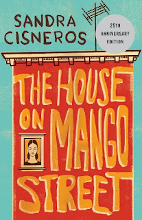 A rectangular red house with a flat roof, a girl's face is a window on the left. The text "The House on Mango Street" fills the front of the house. The author's name "Sandra Cisneros" is on top of the roof.