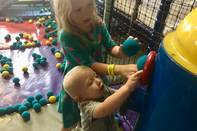 Playing with balls at Partyman softplay in Lakeside