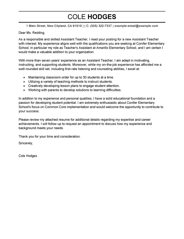 teacher assistant cover letter no experience example
