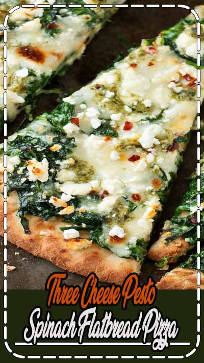 Aiming to eat more veggies? This Three Cheese Pesto Spinach Flatbread Pizza packs an entire box of spinach into one glorious single-serving pizza! 