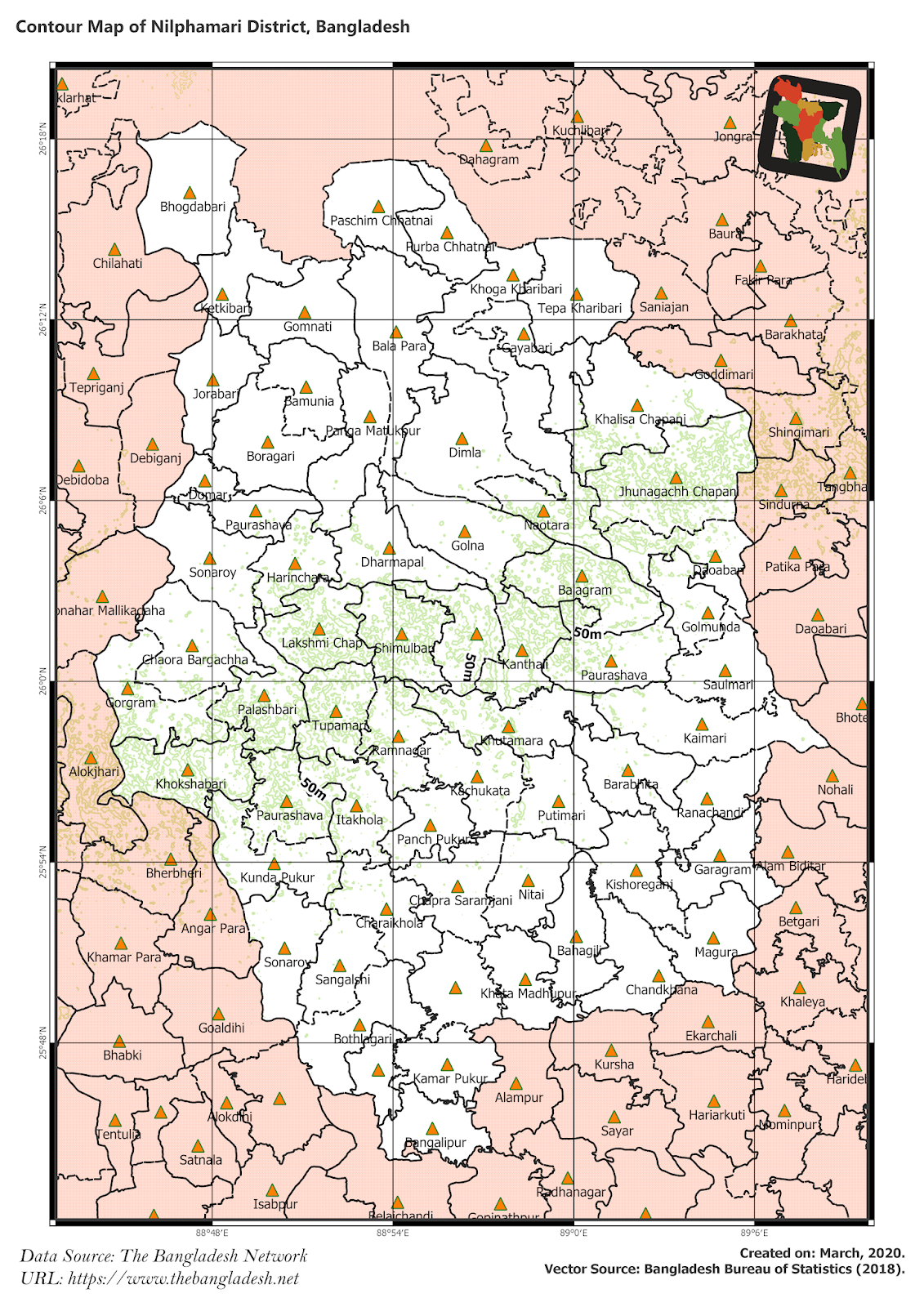 Elevation Map of Nilphamari District of Bangladesh