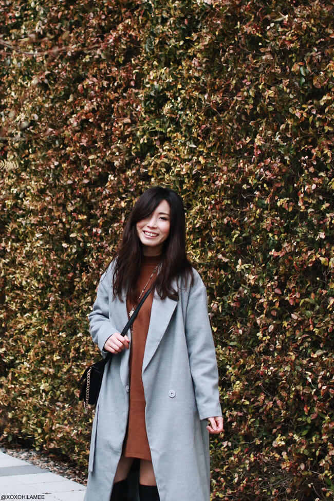 xoxoHilamee OOTD GRAY LONG COAT & BROWN KNIT DRESS