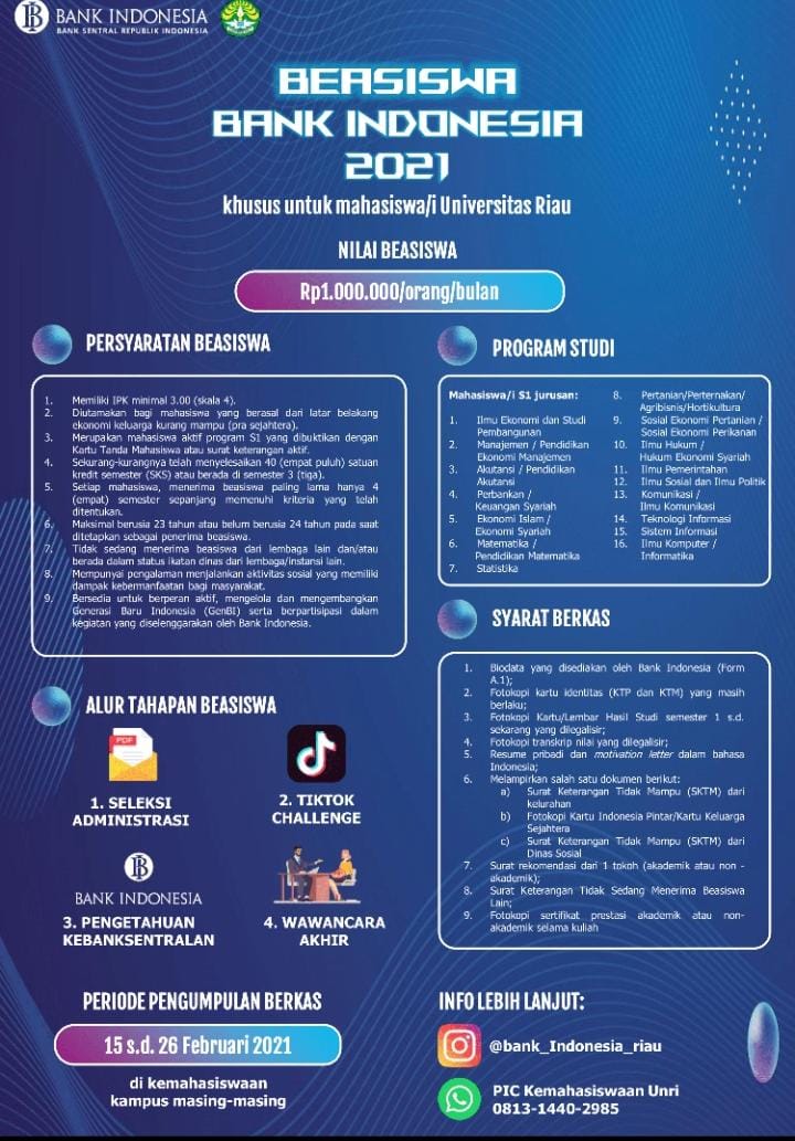 Beasiswa Bank Indonesia 2021 Khusus Bagi Mahasiswa/I Universitas Riau Nilai Beasiswa 1 Juta/Bulan - Portal Kompetisi Dan Beasiswa